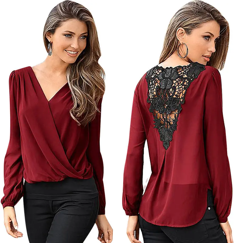 Women Lace Top Vintage V-Neck Long Sleeve Loose Chiffon Blouse Clothes Plus Size Ladies Office Shirts Feida 1