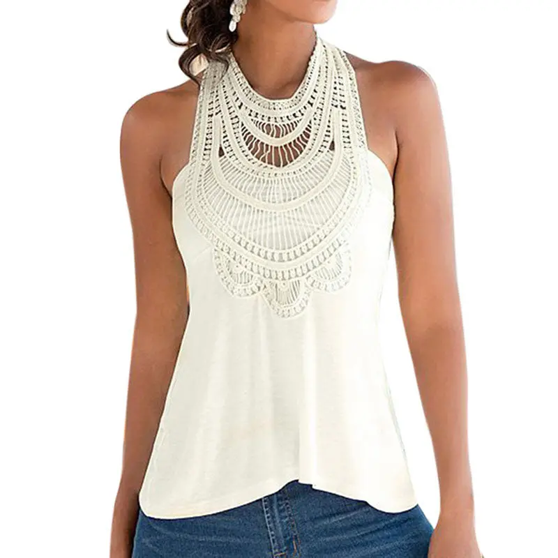 Women Lace Vest Top Sleeveless Casual Blouse Tank Shirt T-Shirt Tops 4