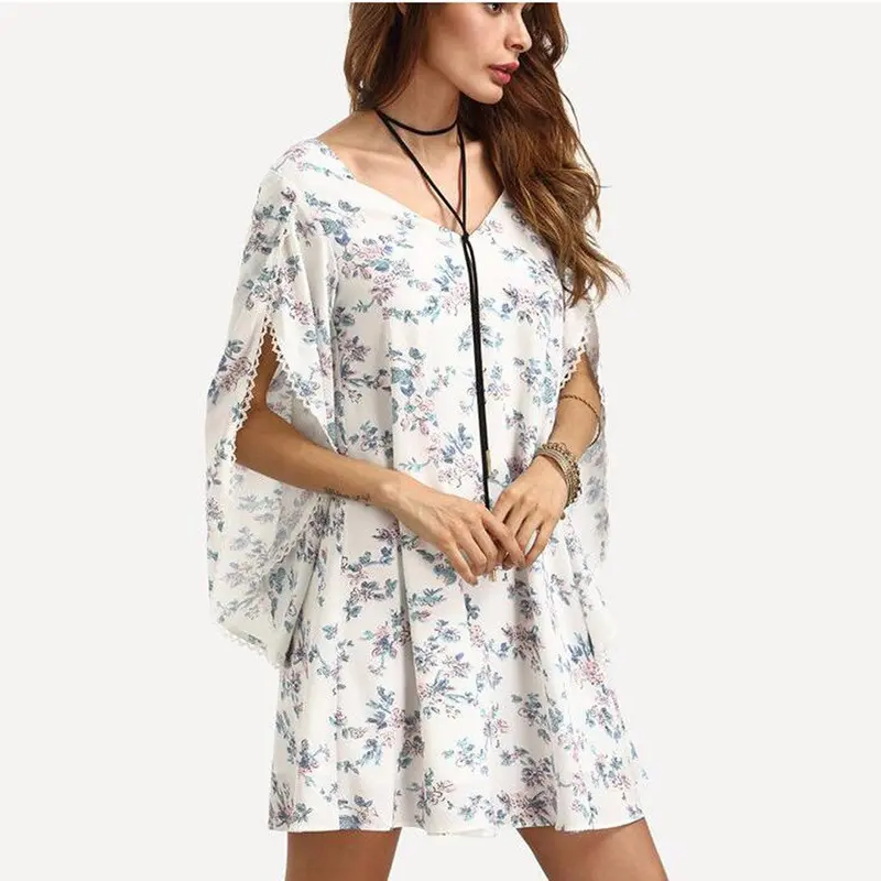 Women Ladies Bohemian Floral Printing Dress V Neck Loose Beach Chiffon Dress Plus Size Robe Mujer 1