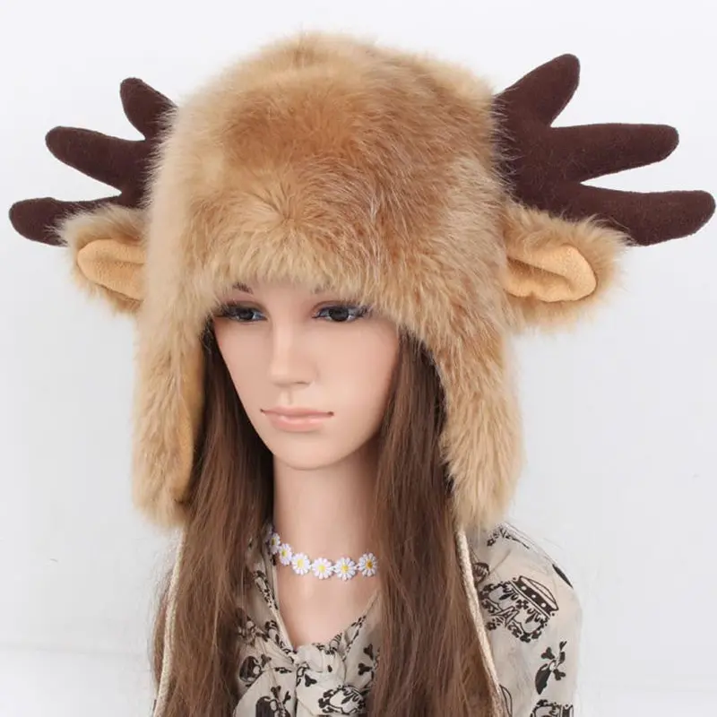 Women Ladies Fur Russian Pillbox Hat Women's Warm Hat Elk Horn 1