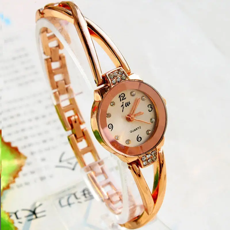 Women Ladies Watch Rose Gold Plated Alloy Rhinestone Dial Bracelet Wrist Watch Gift Feida 1
