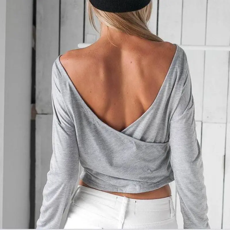 Women Lady Casual Tops Pullover Long Sleeve Blouse Backless Cross Irregular Shirt Blouse Tops 2