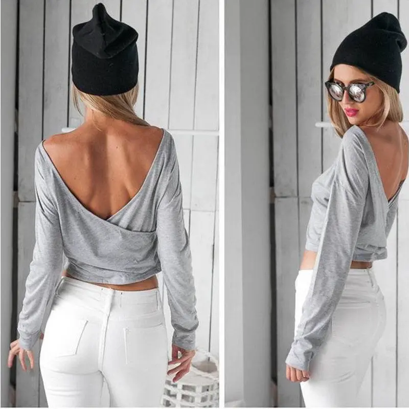 Women Lady Casual Tops Pullover Long Sleeve Blouse Backless Cross Irregular Shirt Blouse Tops 3