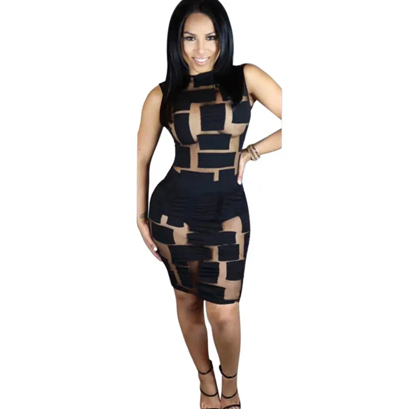 Women Lady Dress Sexy Women Sleeveless Bandage Bodycon Mesh Club Party Cocktail Mini Dresses Vestidos 1
