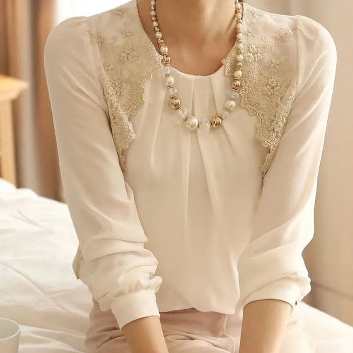 Women Lady Vintage Long Sleeve Sheer Tops Lace Shirt Chiffon Blousefeida 1