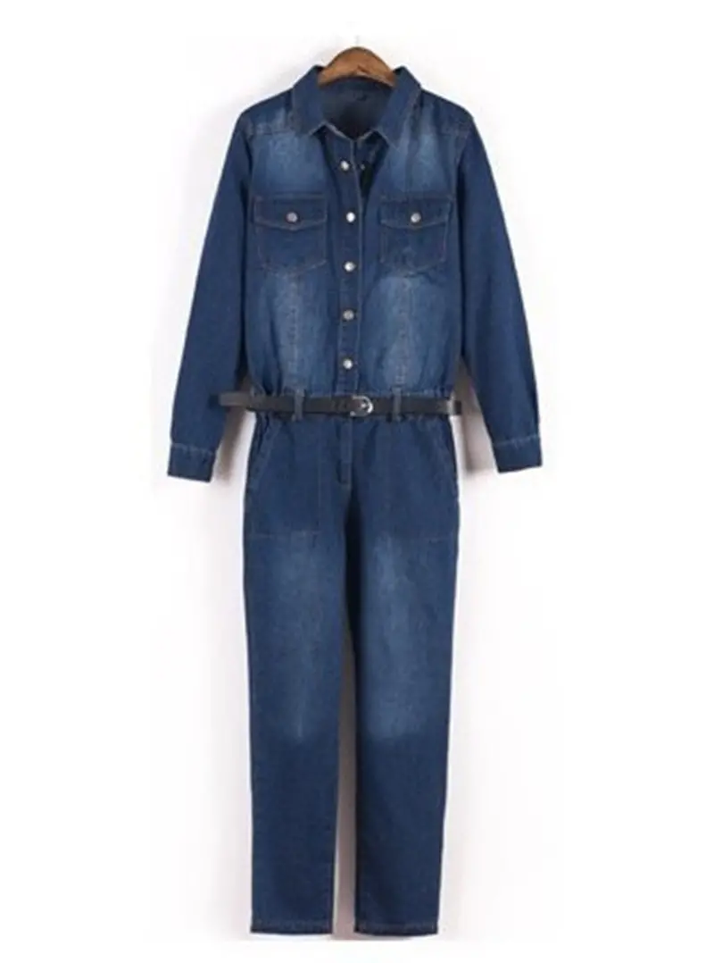 Women Lapel Long Sleeve Denim Jumpsuit Ladies Plus Size Ladies Casual Rompers Boyfriend Free Ship 1