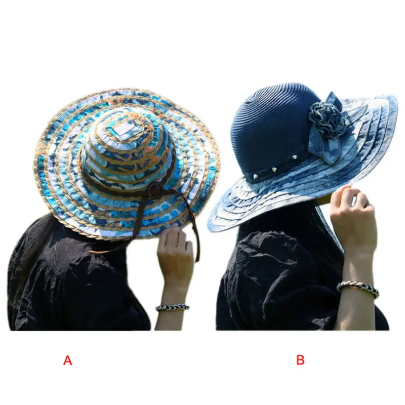 Women Large Brim Straw Hat Bohemia Sun Hat Foldable Beach Headwear 1