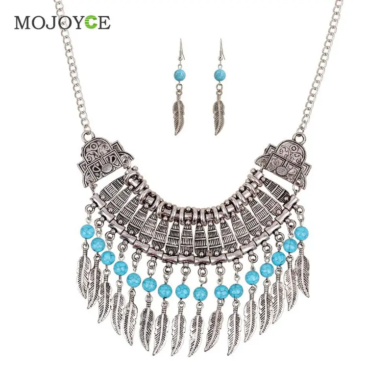 Women Leaf Tassel Gold Rhinestone Choker Necklace Earrings Jewelry Set 1