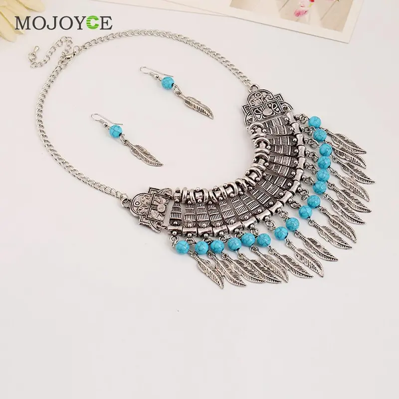 Women Leaf Tassel Gold Rhinestone Choker Necklace Earrings Jewelry Set 2