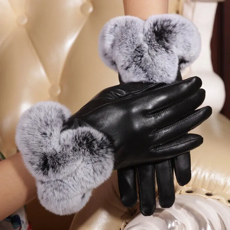 Women Leather Gloves Lady Girls Warm Rabbit Fur Mittens Black 1