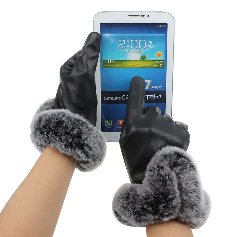 Women Leather Gloves Lady Girls Warm Rabbit Fur Mittens Black 2