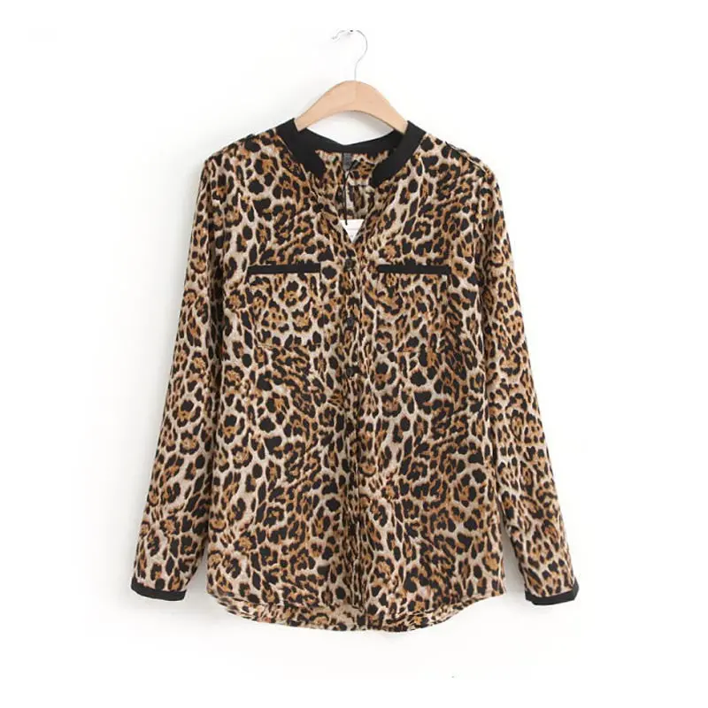 Women Leopard Print Long Sleeve Chiffon Shirt Slim Casual Blouses 1