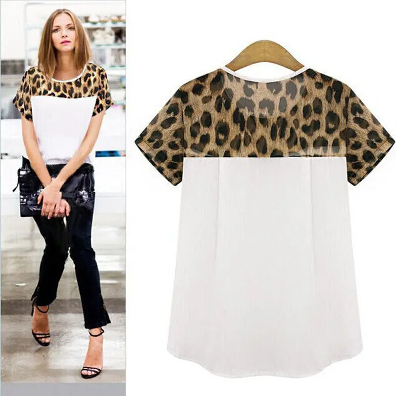 Women Leopard Printing Chiffon Casual Short Tops Blouse + 1