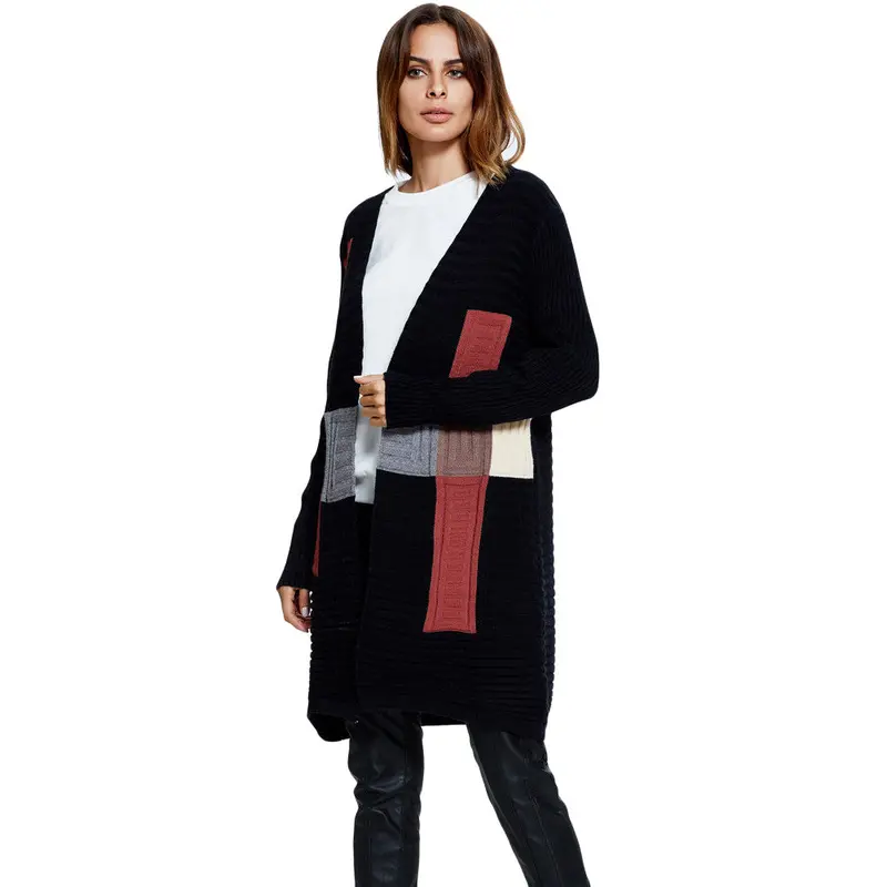 Women Long Coat Knitted Cardigan Sweater Block Pattern Long Sleeves Causal Loose Knitweard/Grey Oversized Coat 1