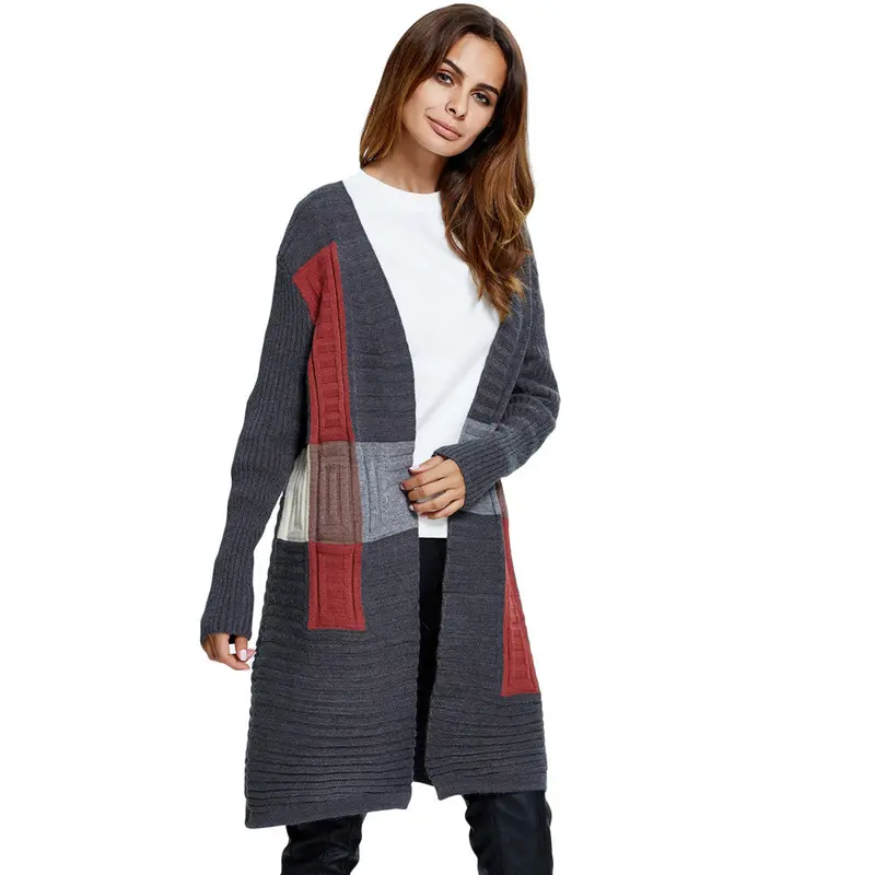 Women Long Coat Knitted Cardigan Sweater Block Pattern Long Sleeves Causal Loose Knitweard/Grey Oversized Coat 2
