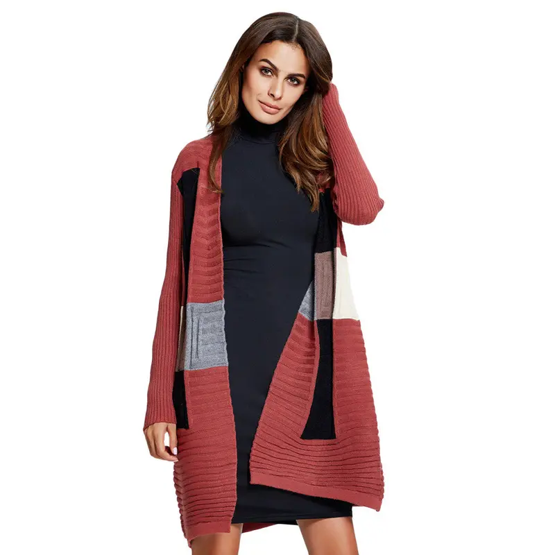 Women Long Coat Knitted Cardigan Sweater Block Pattern Long Sleeves Causal Loose Knitweard/Grey Oversized Coat 3