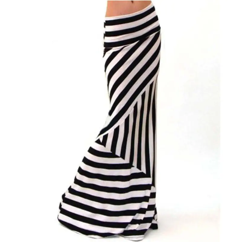 Women Long Skirts Asymmetric High Waist Striped Fold Over Stretch Long Maxi Skirt Feida 1