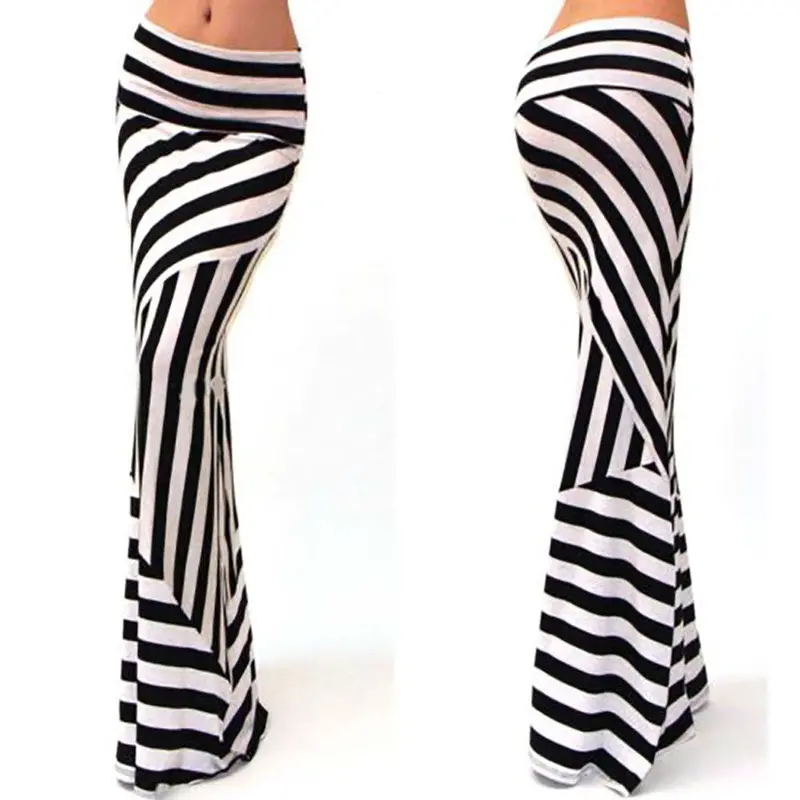 Women Long Skirts Asymmetric High Waist Striped Fold Over Stretch Long Maxi Skirt Feida 2
