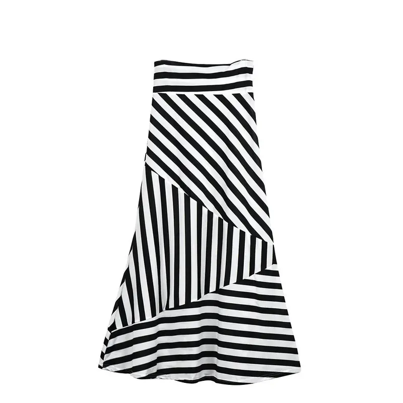 Women Long Skirts Asymmetric High Waist Striped Fold Over Stretch Long Maxi Skirt Feida 3