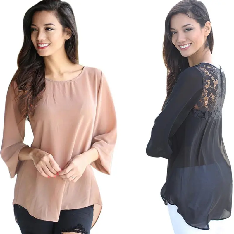 Women Long Sleeve Chiffon Casual Blouse Shirt Tops Lace Blouses Fast Shipping 1