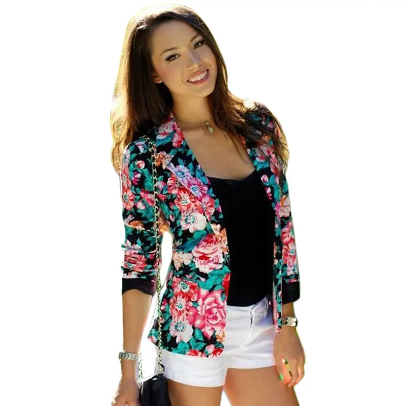 Women Long Sleeve Floral Slim Suit Jacket Coat Outwear 1