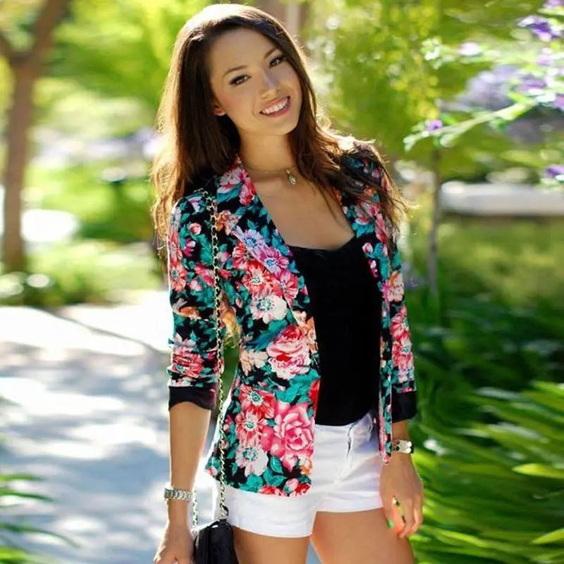 Women Long Sleeve Floral Slim Suit Jacket Coat Outwear 2