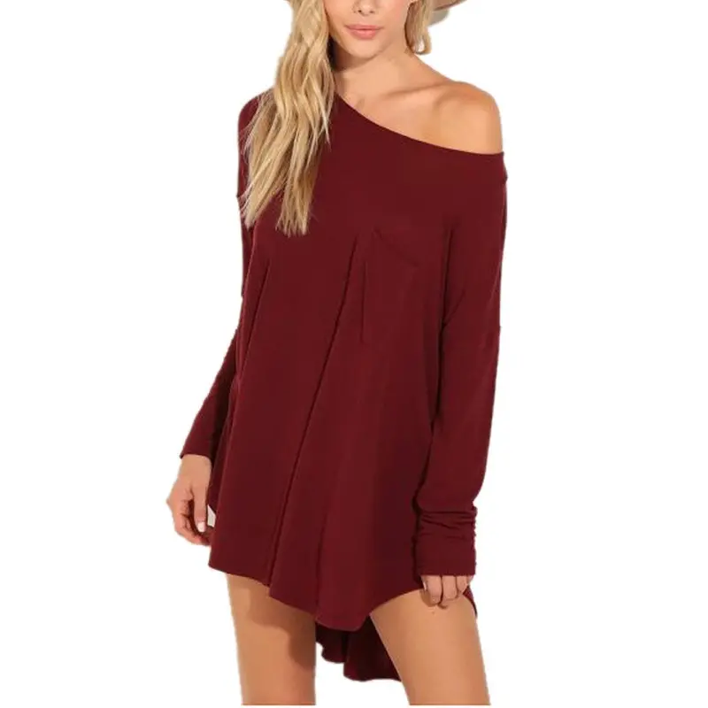 Women Long Sleeve Irregular Dress Long Sleeve Casual Sexy Short Mini Dresses Wine Red 1