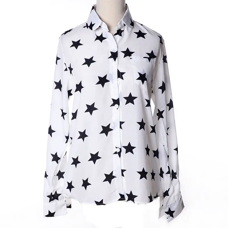 Women Long Sleeve Pentagram Printing Chiffon Shirt Slim Casual Blouses 1