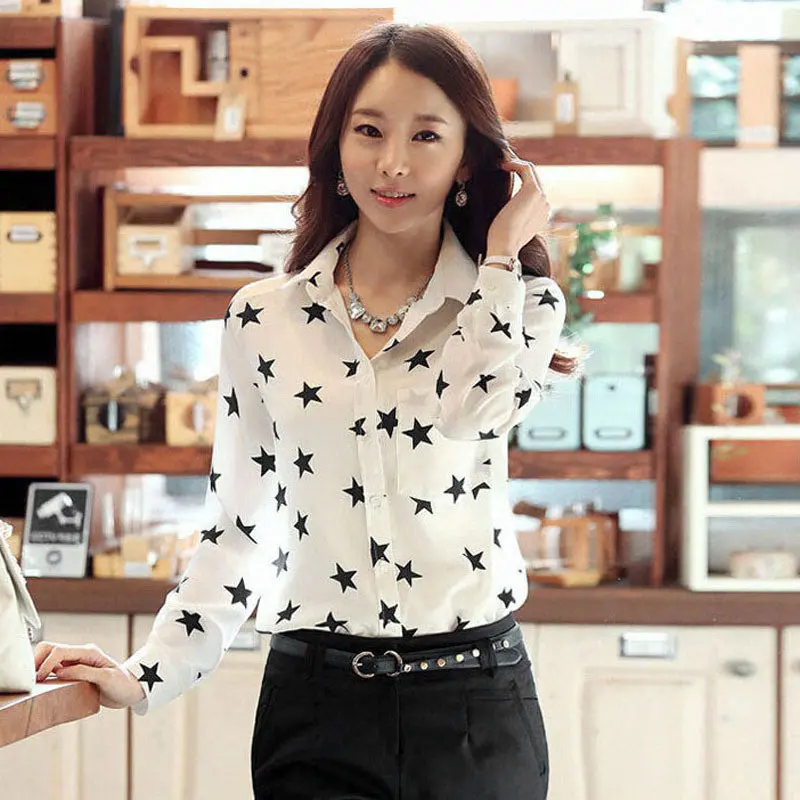 Women Long Sleeve Pentagram Printing Chiffon Shirt Slim Casual Blouses 4