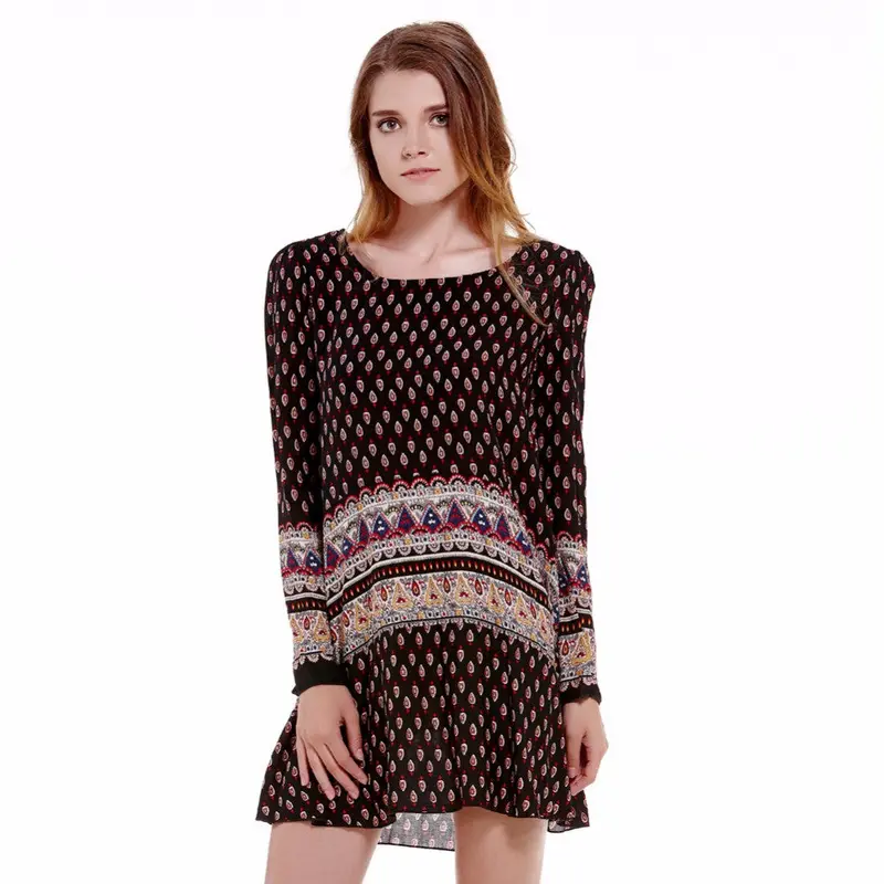 Women Long Sleeve Retro Floral Print Bohemian Beach Mini Casual Dress 1