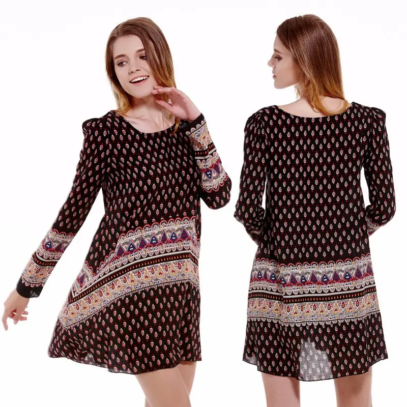 Women Long Sleeve Retro Floral Print Bohemian Beach Mini Casual Dress 2
