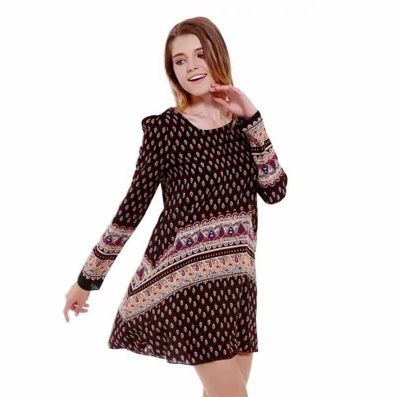 Women Long Sleeve Retro Floral Print Bohemian Beach Mini Casual Dress 3