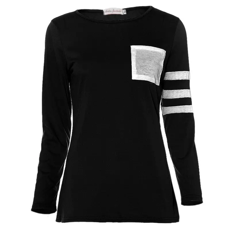 Women Long Sleeve Round Neck Splice Shirt Tops T Shirt 1