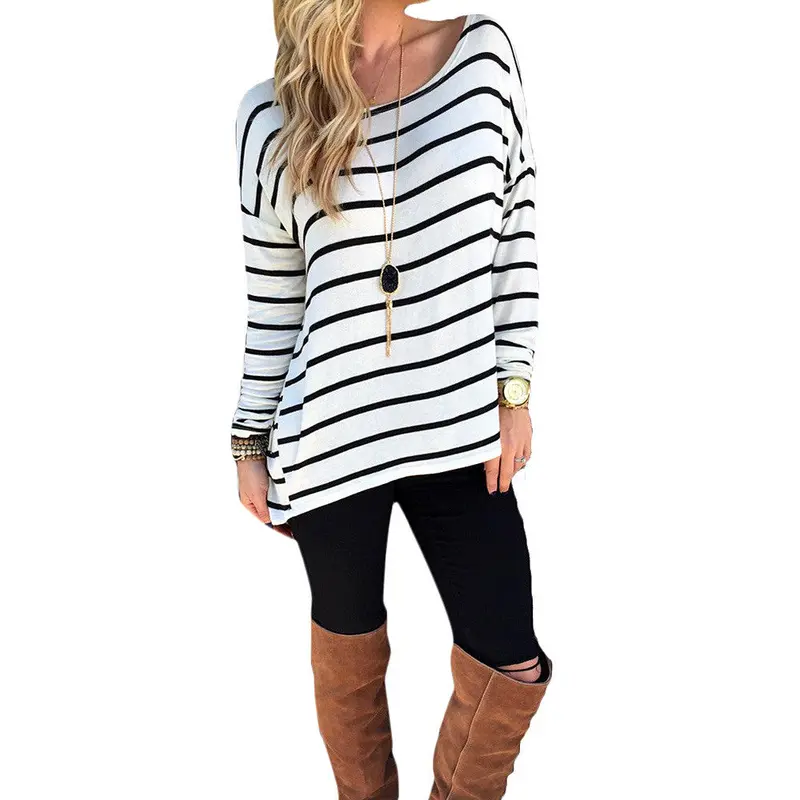 Women Long Sleeve Shirt Elegant Ladies Casual Blouse O Neck Shirt Striped Print Women's Clothing 1