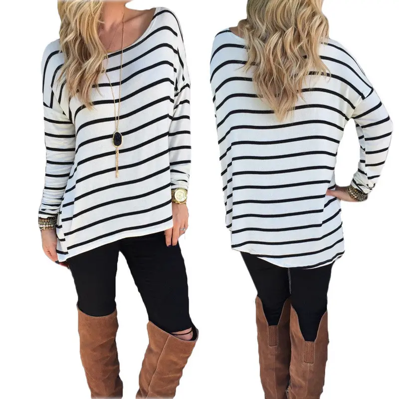 Women Long Sleeve Shirt Elegant Ladies Casual Blouse O Neck Shirt Striped Print Women's Clothing 2