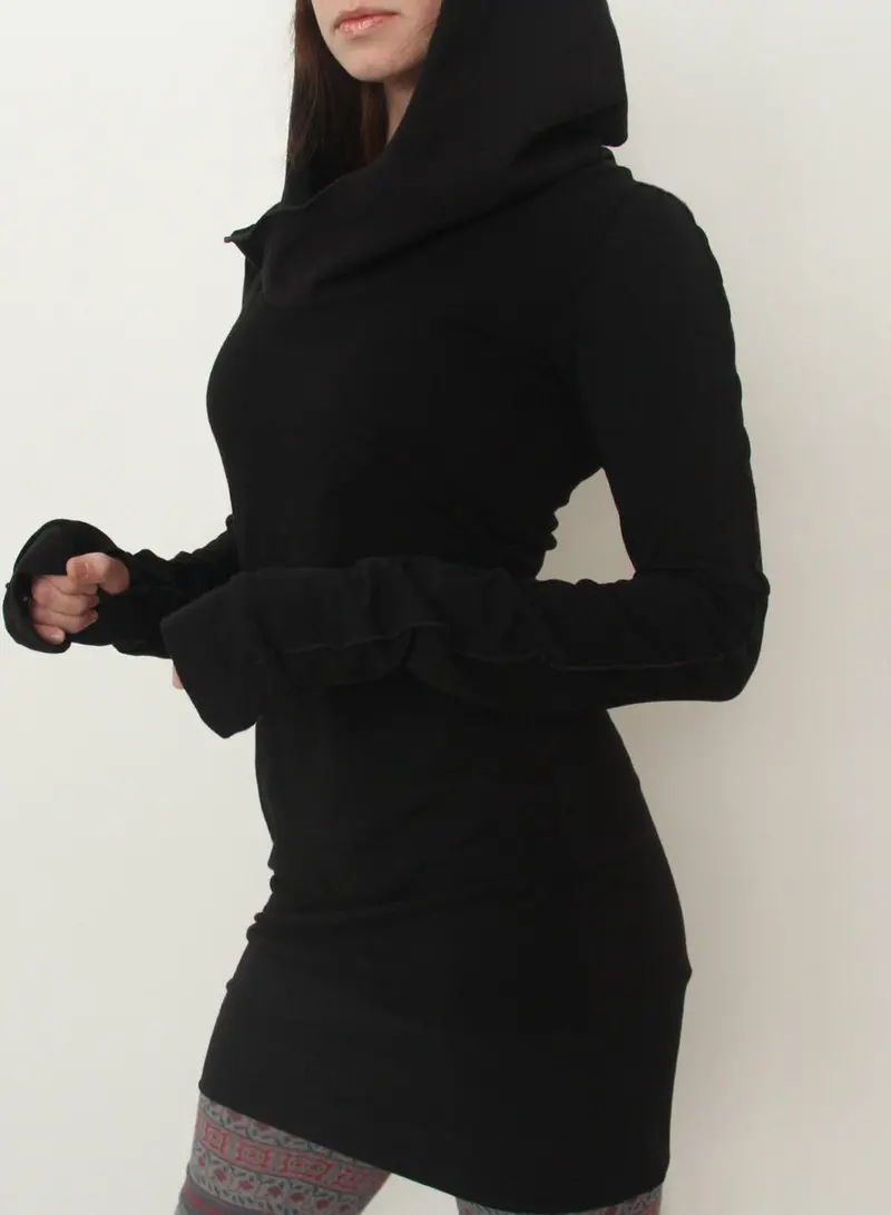 Women Long Sleeve Solid Black Slim Mini Dress Casual Street Hooded Dresses Bodycon Vestidos Sportwear Q0114 1