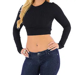 Women Long Sleeve Solid O-Neck T-Shirt Back Hollow Out Crop Tops Sexy Short Style Women Tops X0370 1
