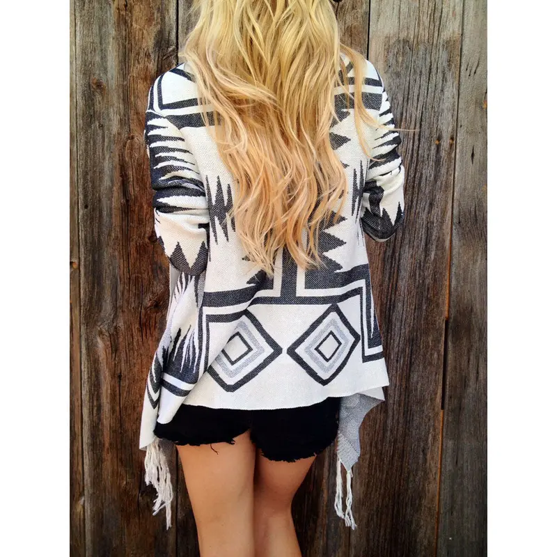 Women Long Sleeve Sweater Knitted Cardigan Loose Sweater Outwear Jacket Geometric Printed Coat 2