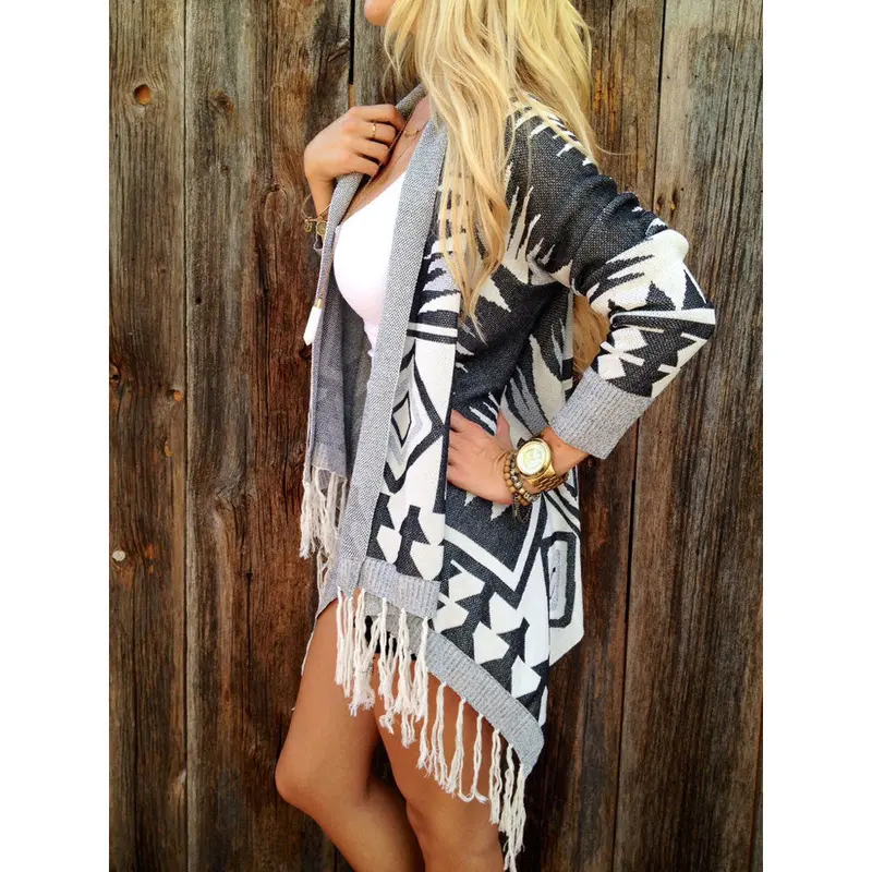 Women Long Sleeve Sweater Knitted Cardigan Loose Sweater Outwear Jacket Geometric Printed Coat 3