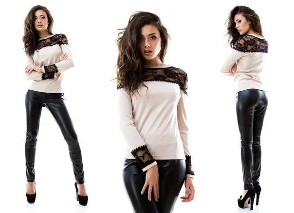 Women Long Sleeve T Shirts Casual Lace Patchwork Solid T-Shirts For Women 2 Color T Shirt J6086 5