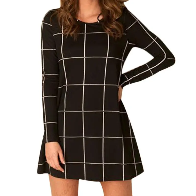 Women Long Sleeve Tartan Check Print Flared Swing Dress 1
