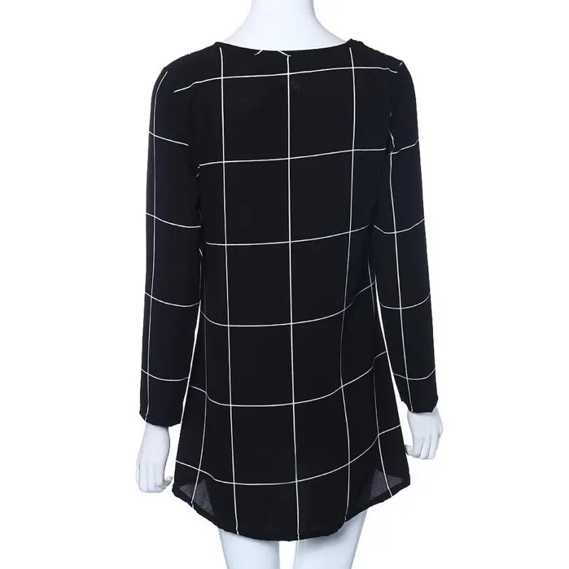 Women Long Sleeve Tartan Check Print Flared Swing Dress 4