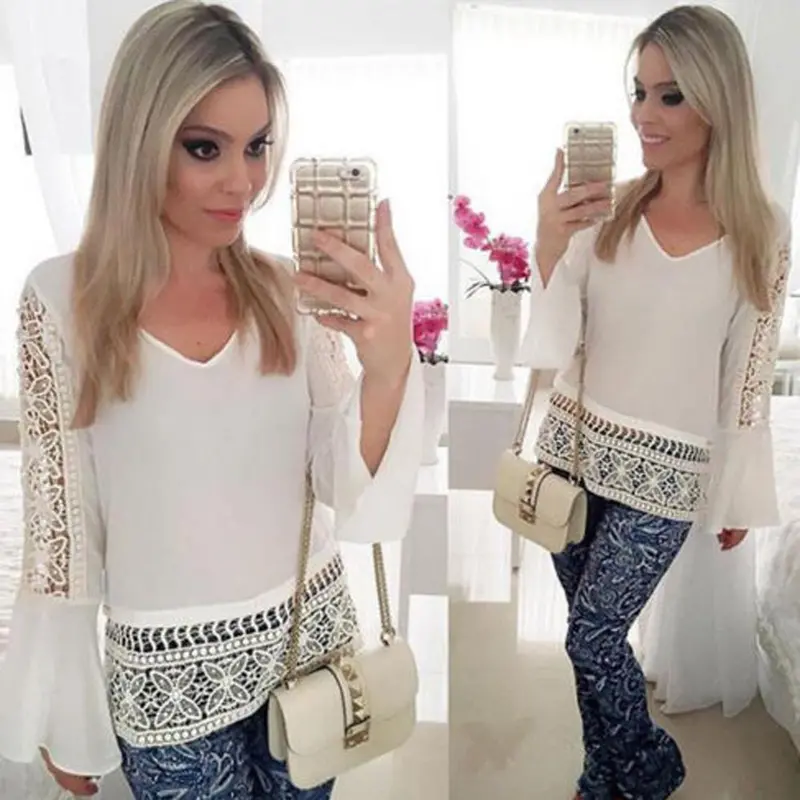 Women Loose Chiffon Casual Tshirt Lace Tops Blusas Feminino Ladies Womens Tops Tees 2