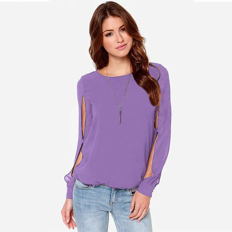 Women Loose Long-Sleeved Chiffon Casual Blouse Shirt Purple 1