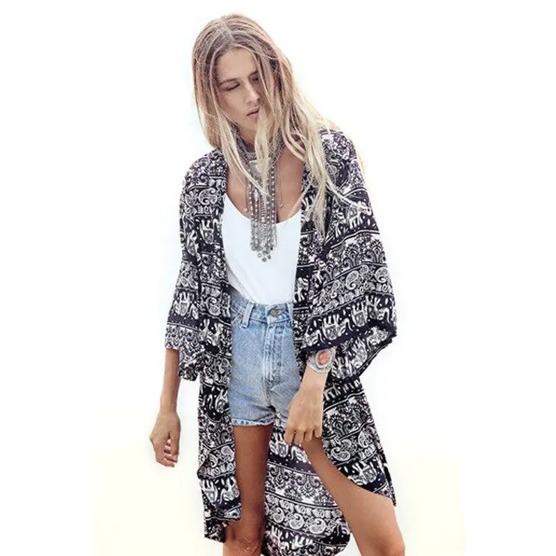 Women Loose Printed Half Sleeve Kimono Cardigan Coat Tops Batwing Sleeve Blouse Loose Open Stitch Jacket 1