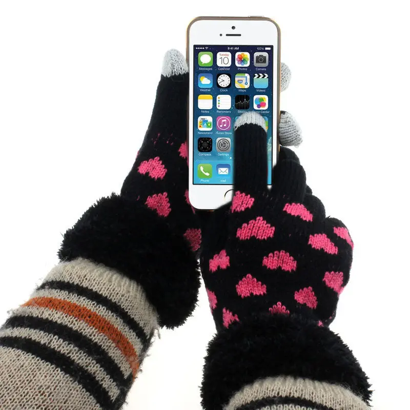 Women Love Knitted Wool Hand Gloves Cute Heart Print Wrist Warmer Gloves Black 1