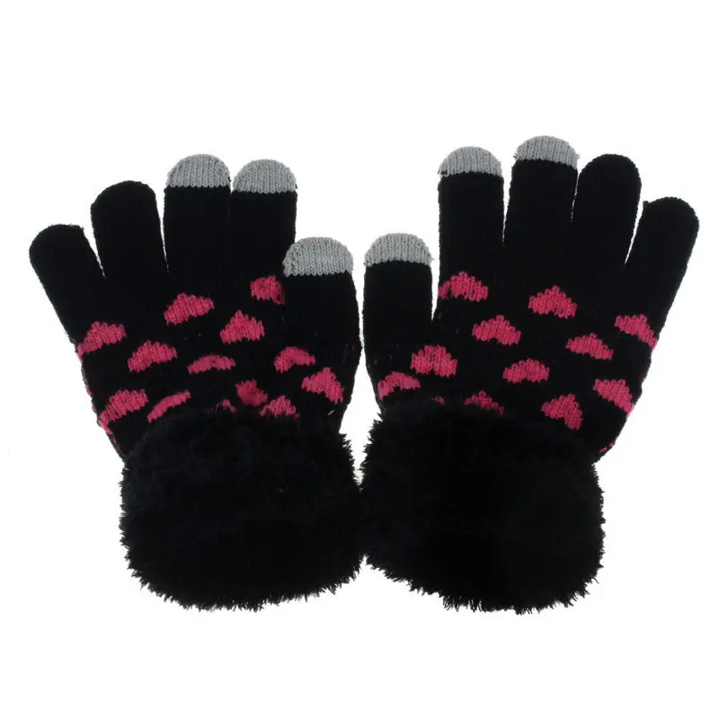 Women Love Knitted Wool Hand Gloves Cute Heart Print Wrist Warmer Gloves Black 2