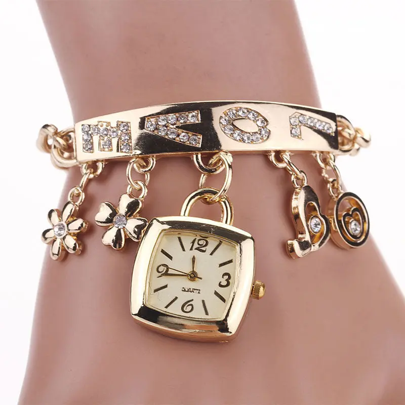 Women Love Rhinestone Chain Watch Girls Lady Bracelet Wrist Watch Bling Square Watch Gold 1