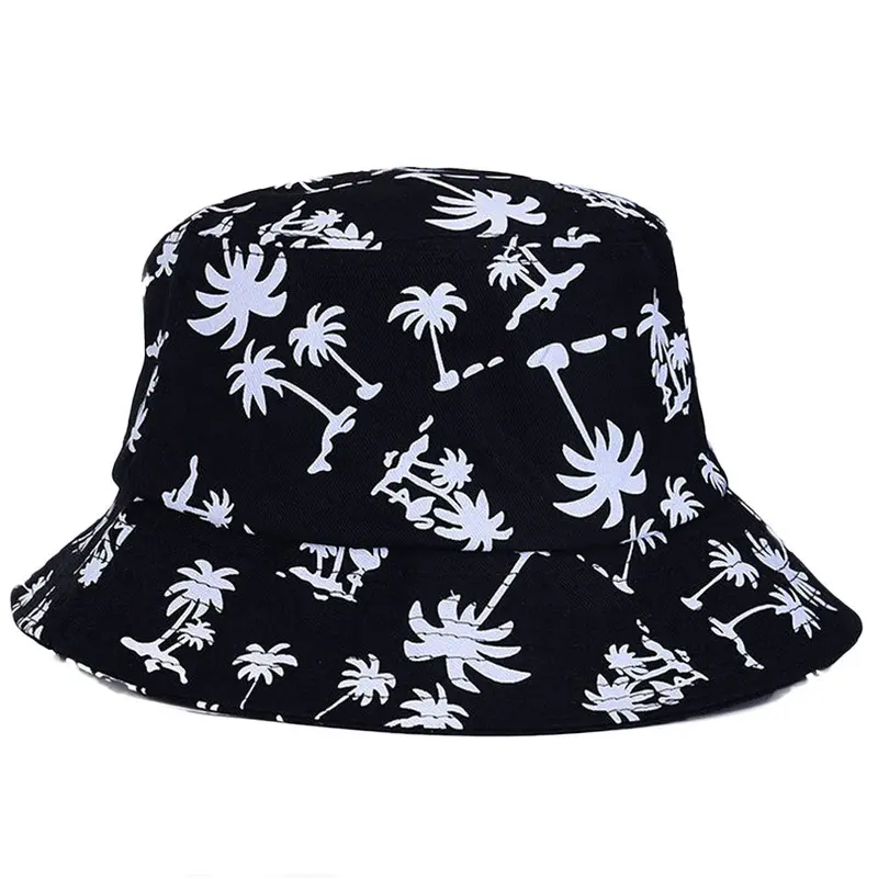 Women Men Bucket Cap Hat Graffiti Flat Cap With Coconut Tree Pattern Hat Hats Caps 1