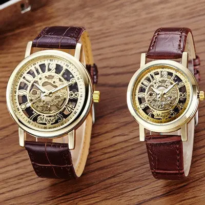 Women Men Lover's Watches Classic Hollow Skeleton Mechanical Couple Pu Leather Strap Clock Wrist Watch Relogio 1
